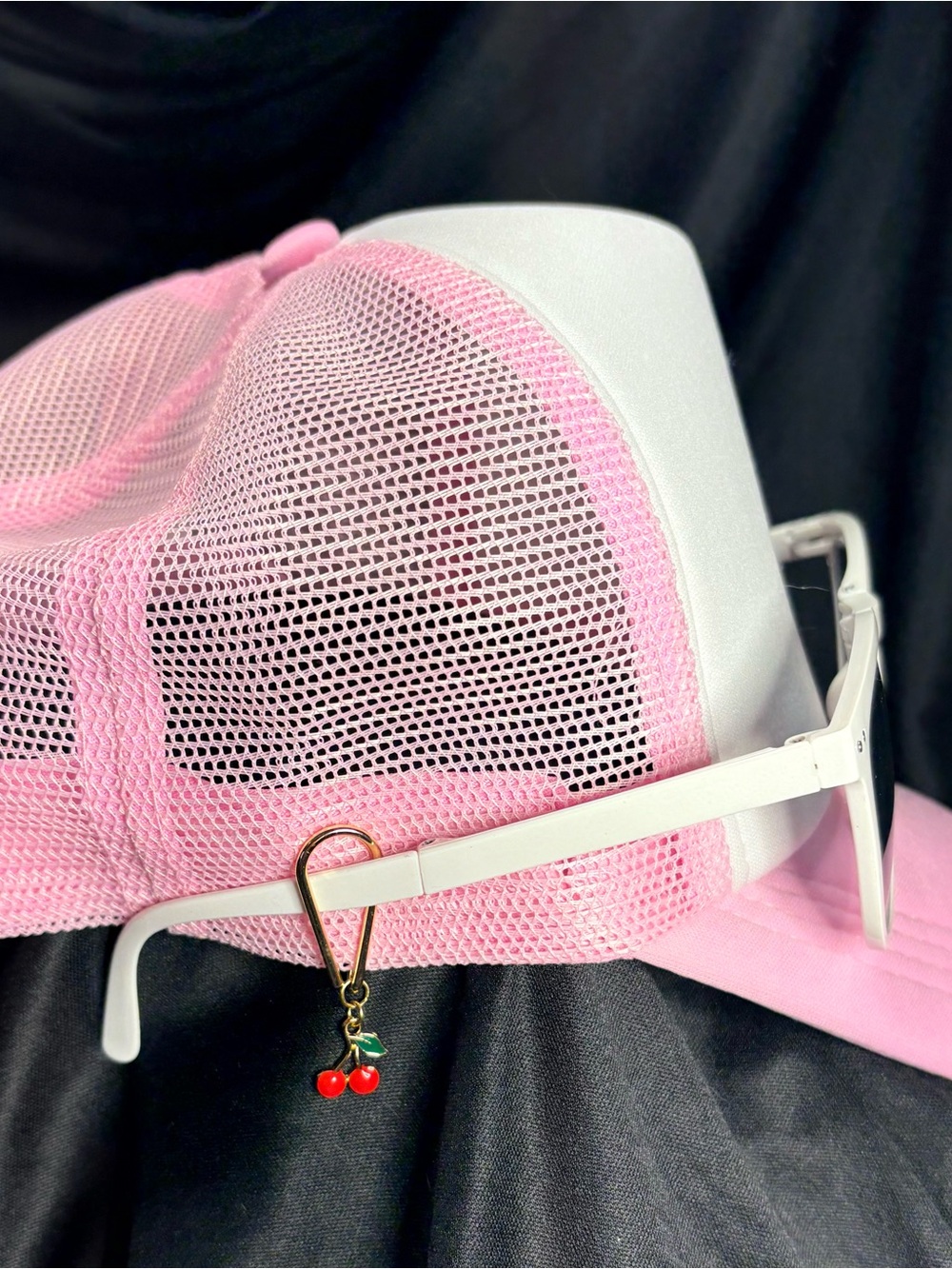 Sunglasses Holder for Baseball Hat
With Cherry Charm